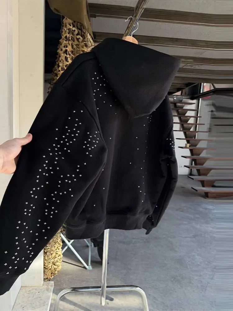 Chic Unisex Starry Sky Rhinestone Hoodie Women Modern Padded Shoulder Zipper Long Sleeve Jacket Street Casual Lady Sweatshirt