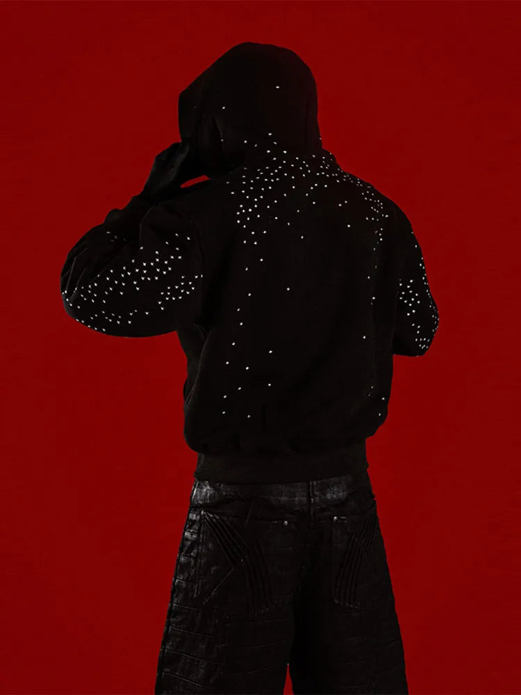 Chic Unisex Starry Sky Rhinestone Hoodie Women Modern Padded Shoulder Zipper Long Sleeve Jacket Street Casual Lady Sweatshirt