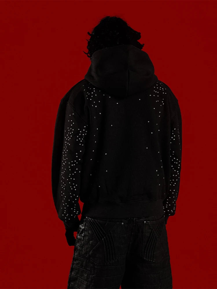 Chic Unisex Starry Sky Rhinestone Hoodie Women Modern Padded Shoulder Zipper Long Sleeve Jacket Street Casual Lady Sweatshirt