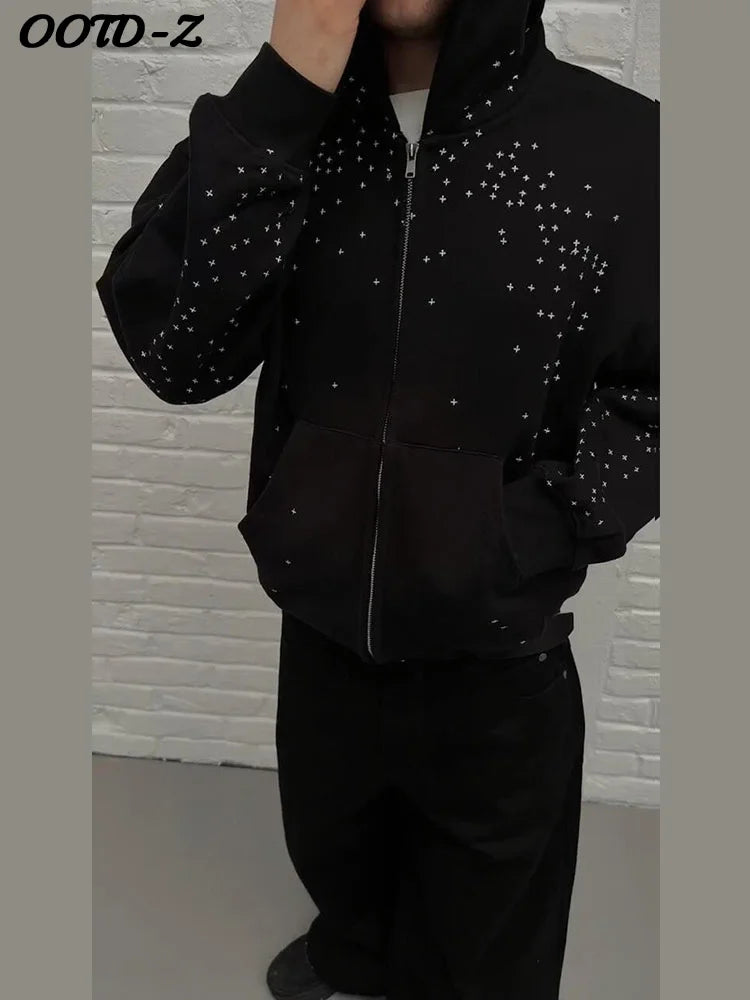 Chic Unisex Starry Sky Rhinestone Hoodie Women Modern Padded Shoulder Zipper Long Sleeve Jacket Street Casual Lady Sweatshirt