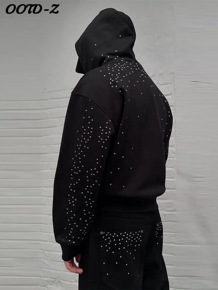 Chic Unisex Starry Sky Rhinestone Hoodie Women Modern Padded Shoulder Zipper Long Sleeve Jacket Street Casual Lady Sweatshirt