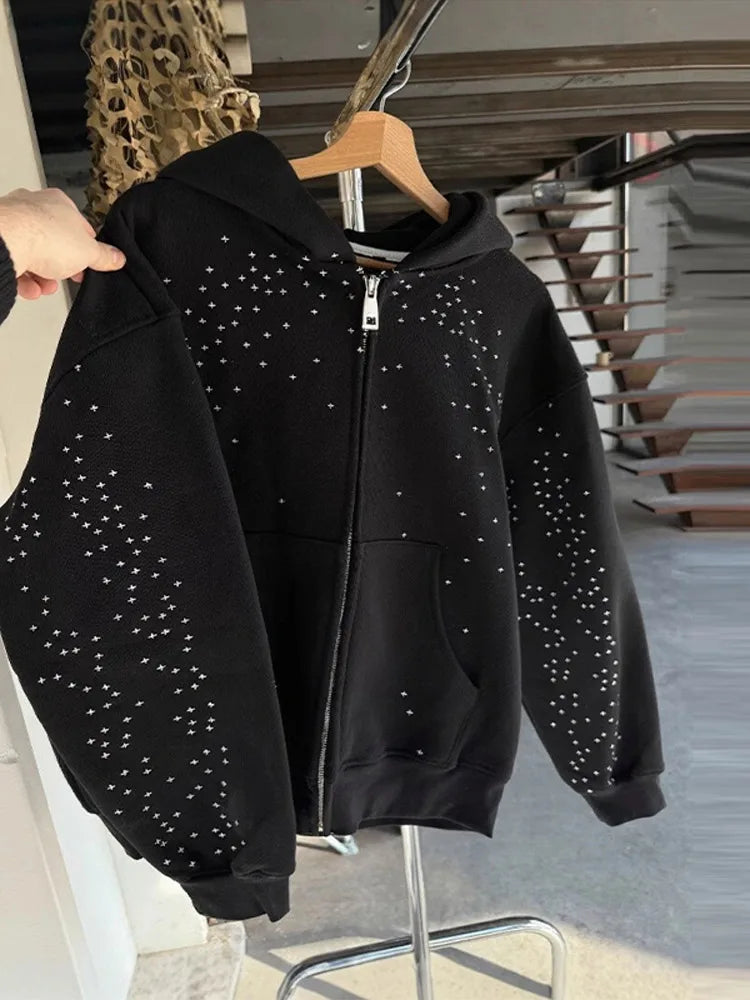 Chic Unisex Starry Sky Rhinestone Hoodie Women Modern Padded Shoulder Zipper Long Sleeve Jacket Street Casual Lady Sweatshirt