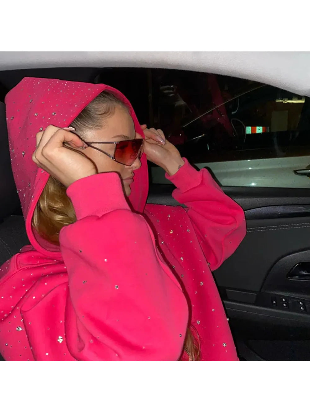 Gothic INS Trend Rhinestone Studded Hoodie 2026 Autumn Winter Solid Color Loose Outerwear Unisex Daily Commute Casual Top