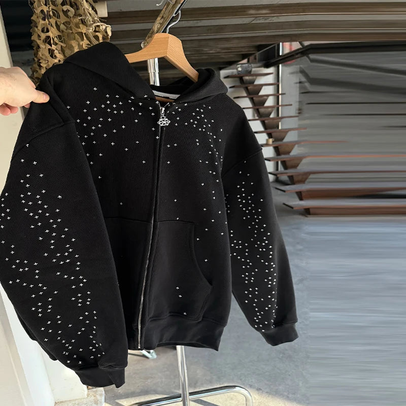Chic Unisex Starry Sky Rhinestone Hoodie Women Modern Padded Shoulder Zipper Long Sleeve Jacket Street Casual Lady Sweatshirt